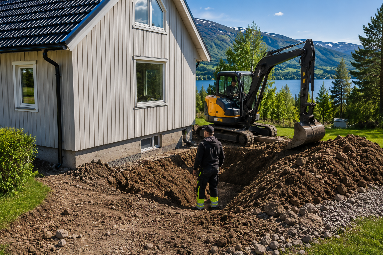 Dränering vid hus i Åre med Erik Rask AB - pågående arbete.